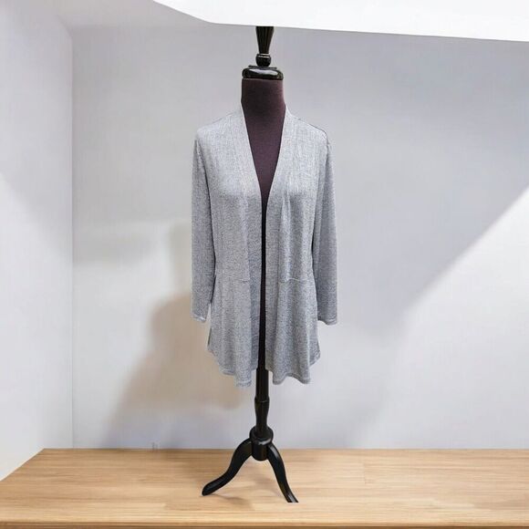 Susan Graver Liquid Knit Open Front Cardigan Silver Gray Shimmer Metallic Size S - Picture 1 of 8